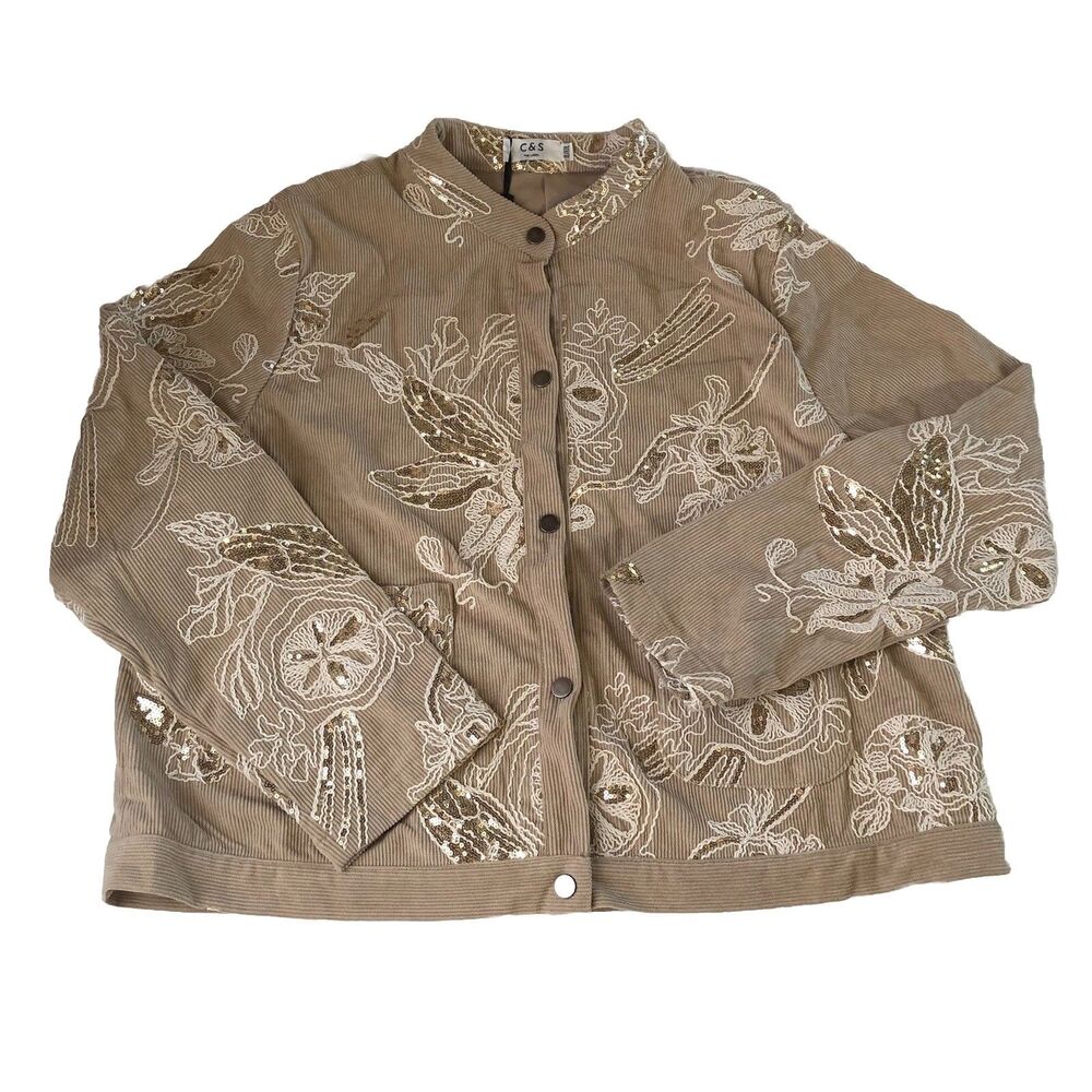 C&S The Label Inge Sequin Embroidered Corduroy Jacket Sand XL/XXL Boho NWT